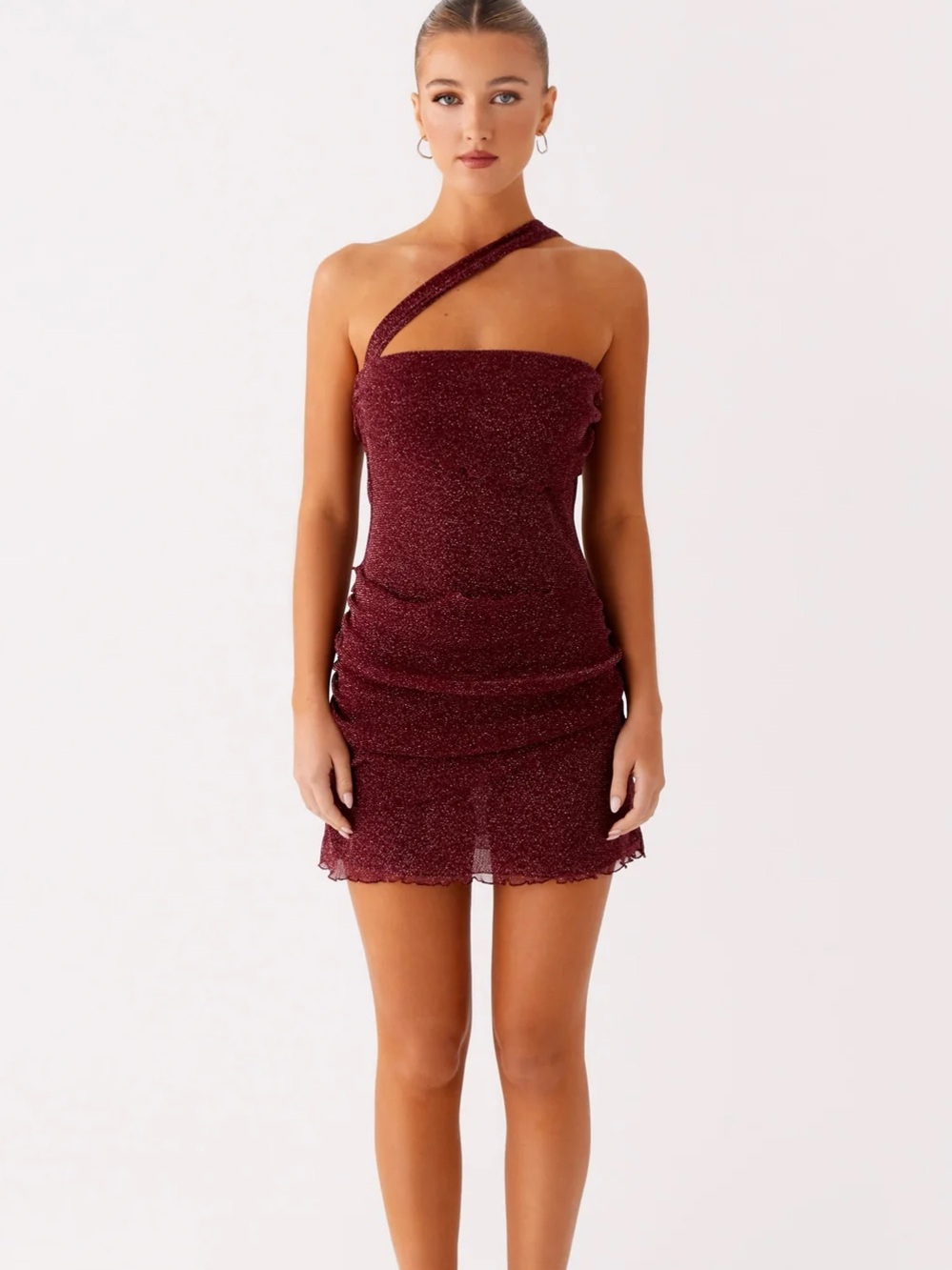 Peppermayo One-Shoulder Sparkle Mini Dress in Burgundy
